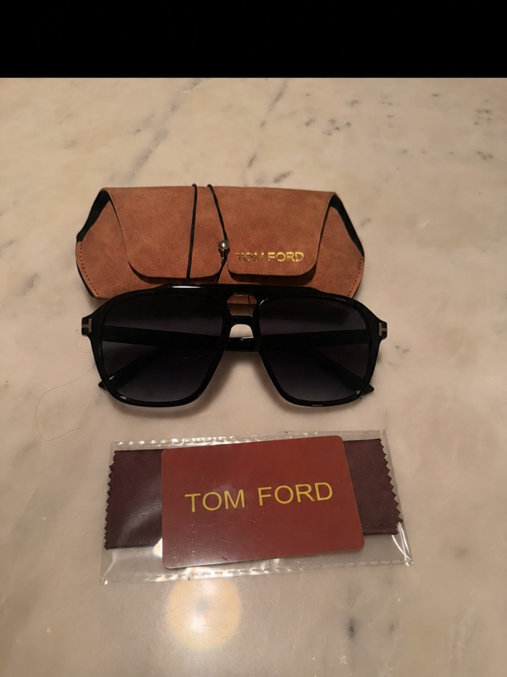 Tom Ford Black Aviator Sunglasses with Tan Suede Case
